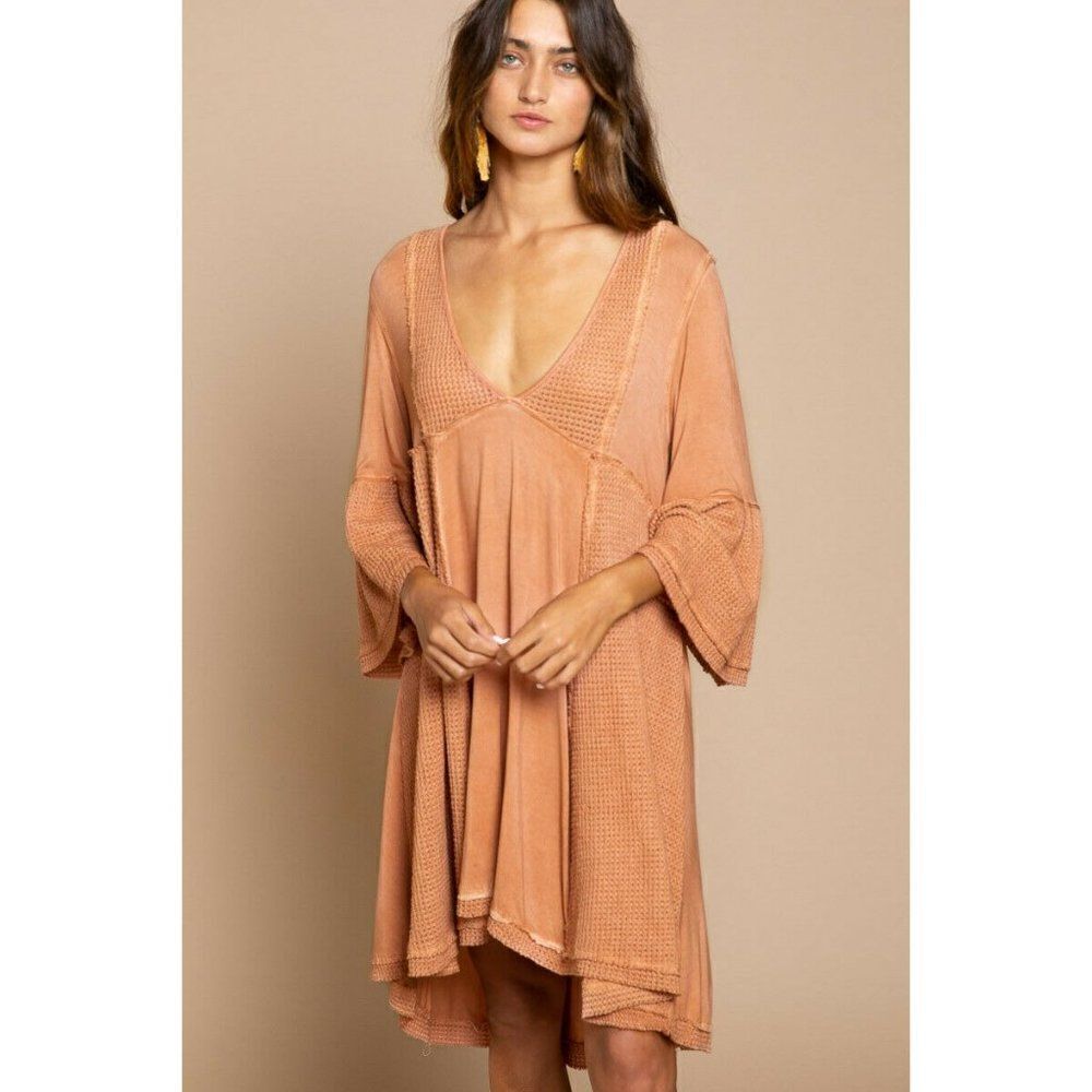 POL Clothing Red Sand V Neck Tunic Dress Summer Boho Bohemian Long Sleeve New - Picture 1 of 5
